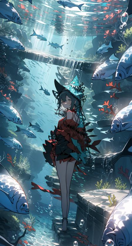30995-2433052455-1girl, solo, fish, underwater,looking at viewer, bubble, bangs, coral, , sunlight, air bubble, ribbon  redhat,redskadi.png